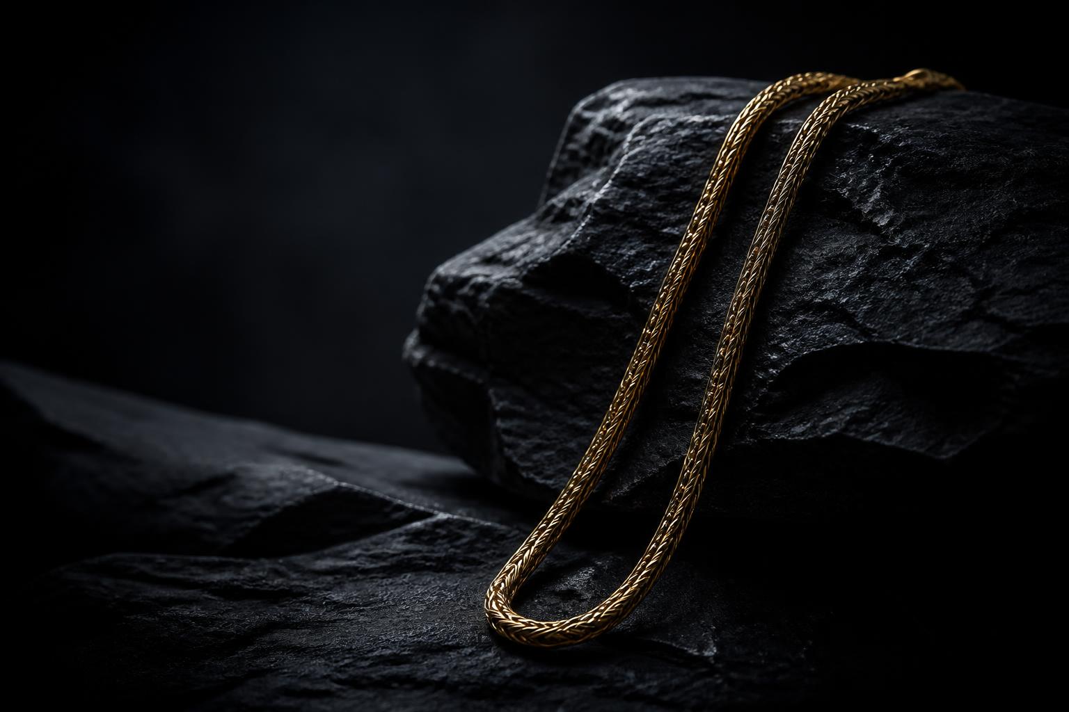 Gold chain on dark stone